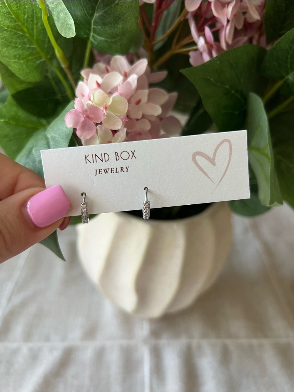 Kind Box Silver Pave Huggie Hoop Earrings - Pink Accent